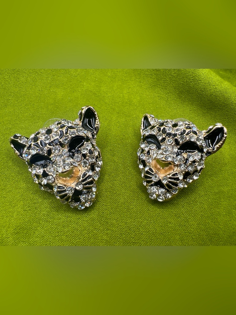 Vintage Leopard Head Rhinestone Earrings Black Enamel Runway Statement Large